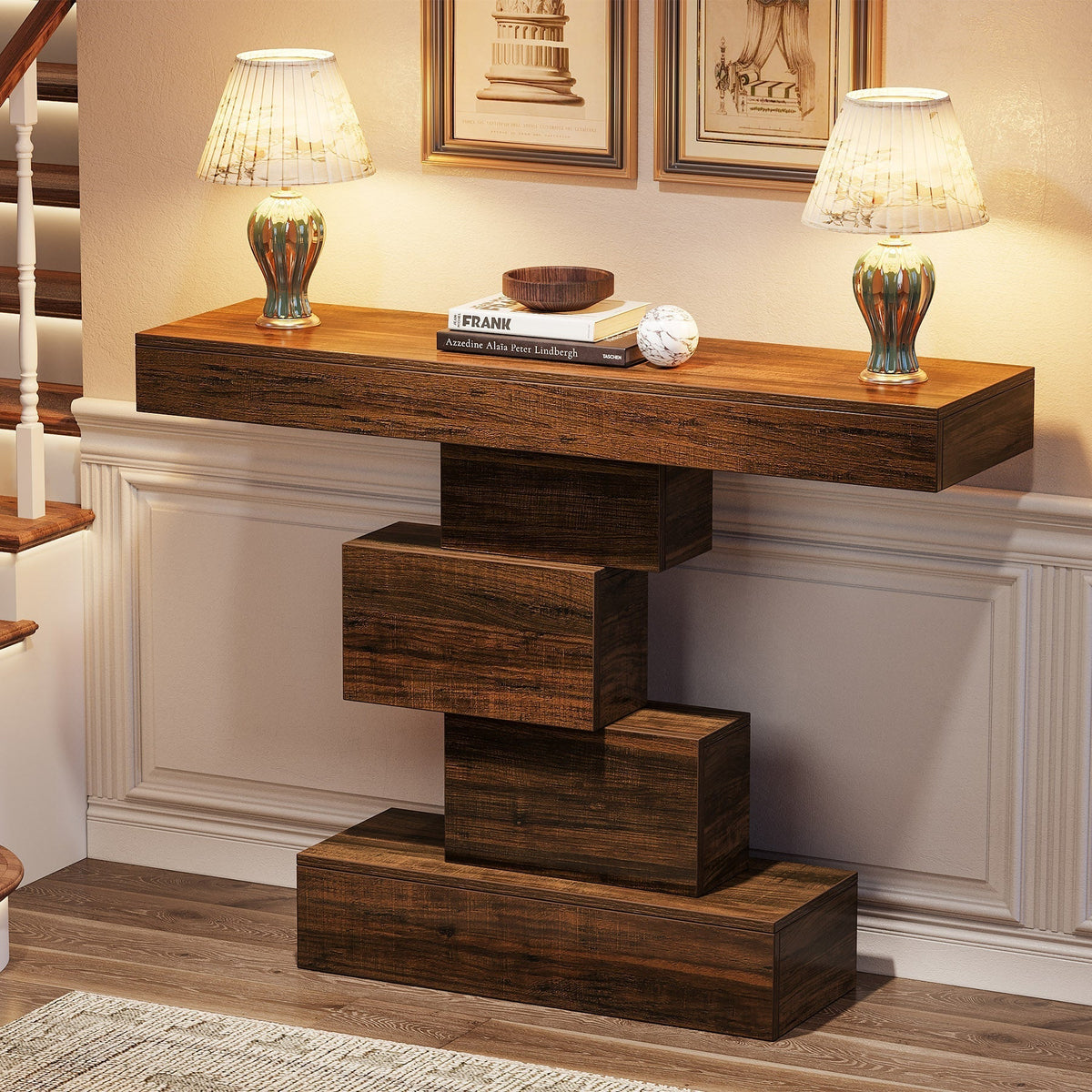 42 Inch Console Table, Narrow Entryway Table with Geometric Base