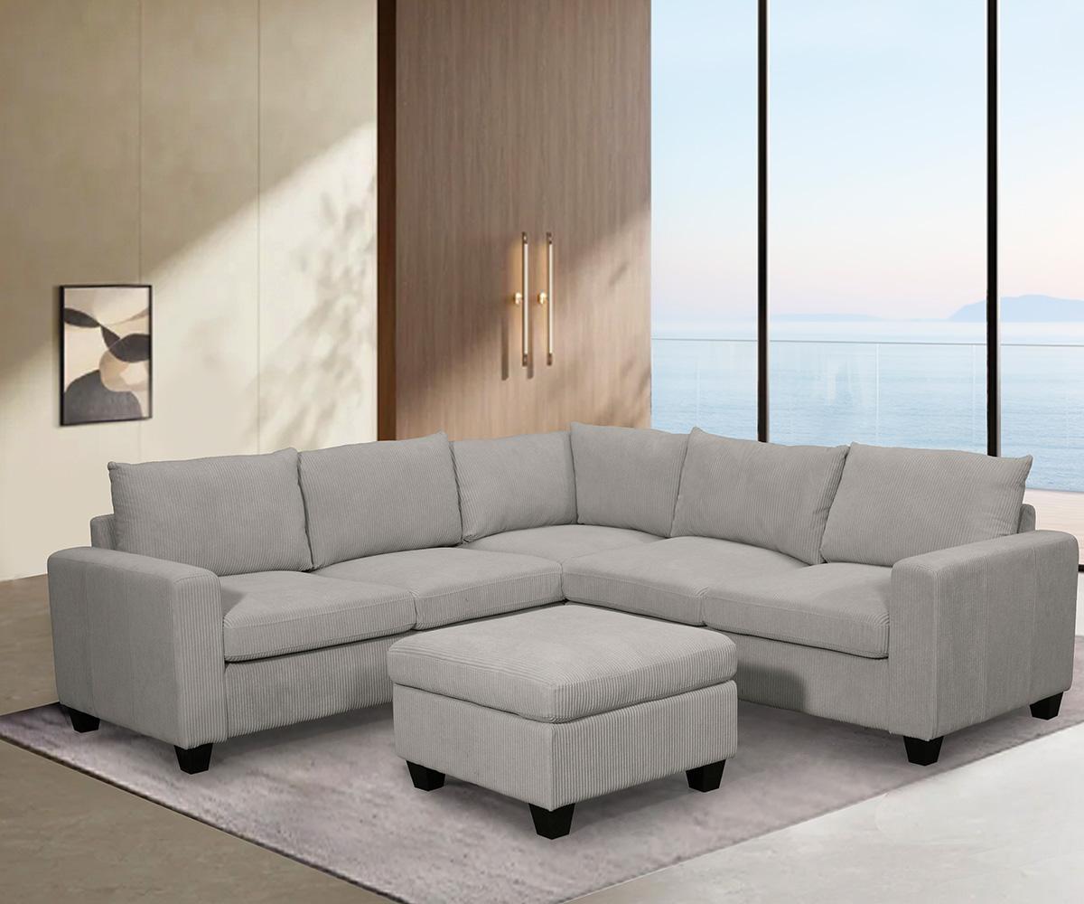 Kaden Grey Mink Fabric 4-Piece Sectional Sofa and Ottoman Set