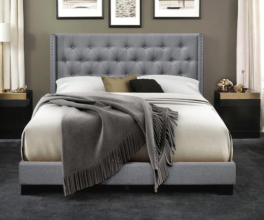 Elegant Jomar King Size Upholstered Bed, Button Tufted, Nailhead Trim, Solid Wood