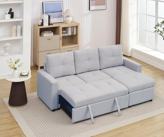 Jaxon Grey Reversible Sectional Sofa: Tufted Back, Convertible Bed, Storage
