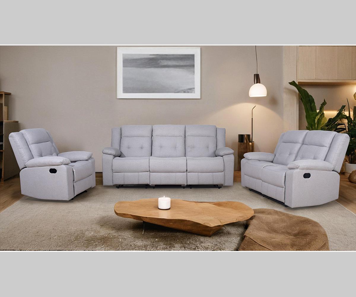 Winstone Grey Fabric Recliner Sofa with Drop-Down Tray and Cup Holders