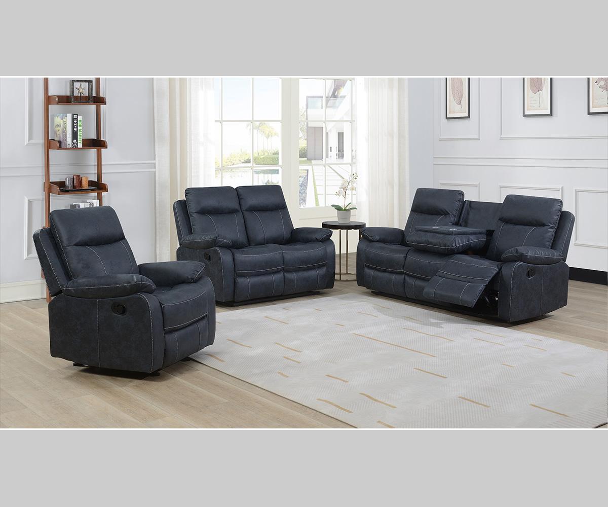 Bristol2 Blue Recliner Sofa with Drop-Down Tray and Built-in Cup Holders