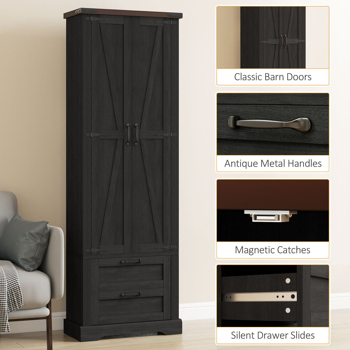 Farmhouse Kitchen Storage Cabinet with 2 Drawer and Adjustable Shelves – 24"W x 71"H