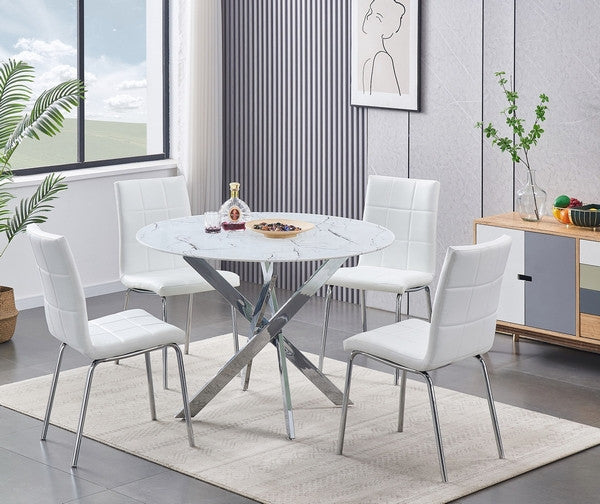 44" Square White Marble-Glass Dining Set