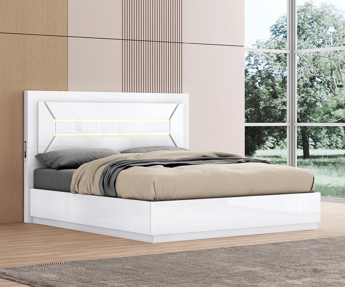 Letty Modern White Queen Bed, LED, USB, Lift-Up Storage