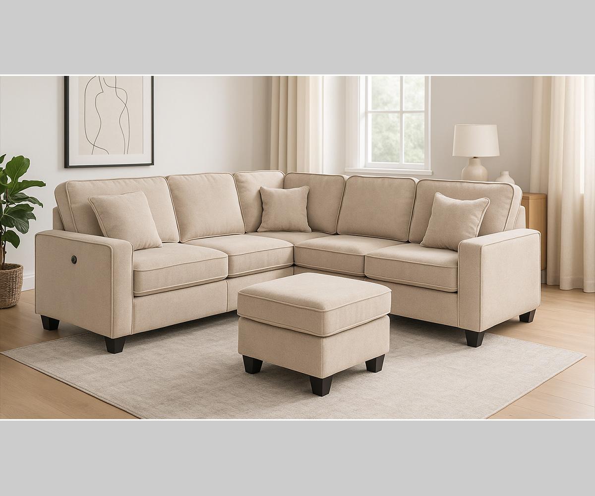 Cameron Sectional L-Shaped Sofa With USB Port And Cocktail Ottoman