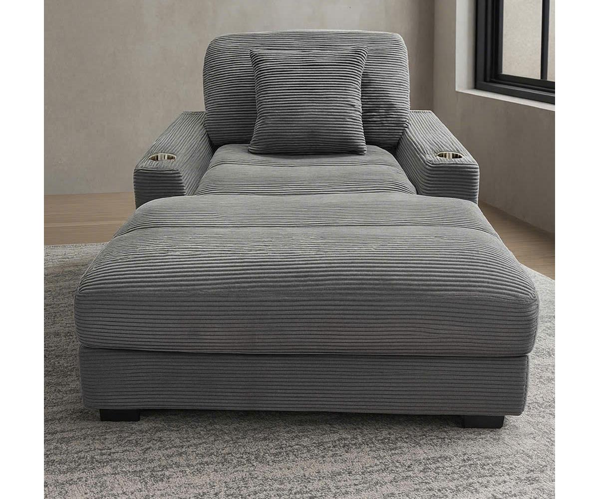 Arizona Chaise: Modern Steno Charcoal Fabric, USB Ports, Cup Holders, Grey