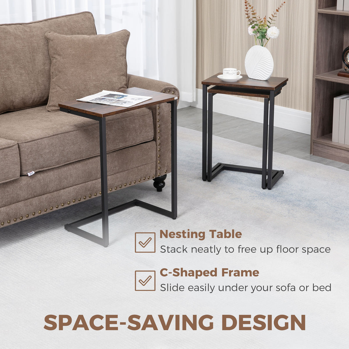 Nesting Side Tables Set of 3 – C-Shaped, Rustic Brown