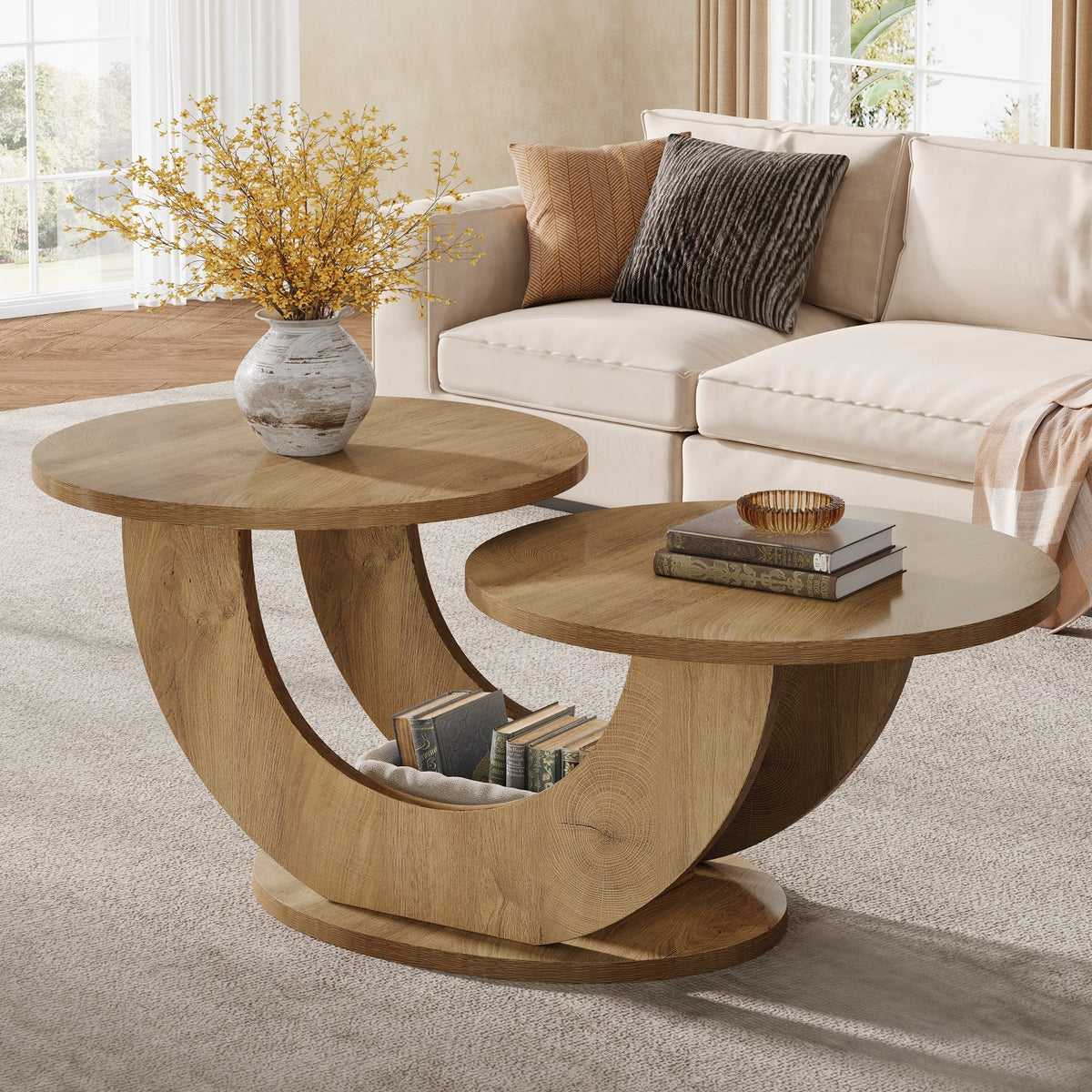 45" Coffee Table, 2-Tier Accent Center Cocktail Table with U-Shaped Frame