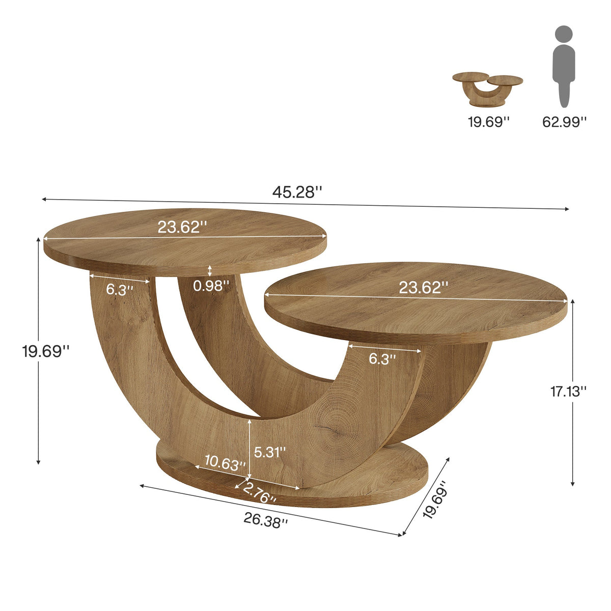 45" Coffee Table, 2-Tier Accent Center Cocktail Table with U-Shaped Frame