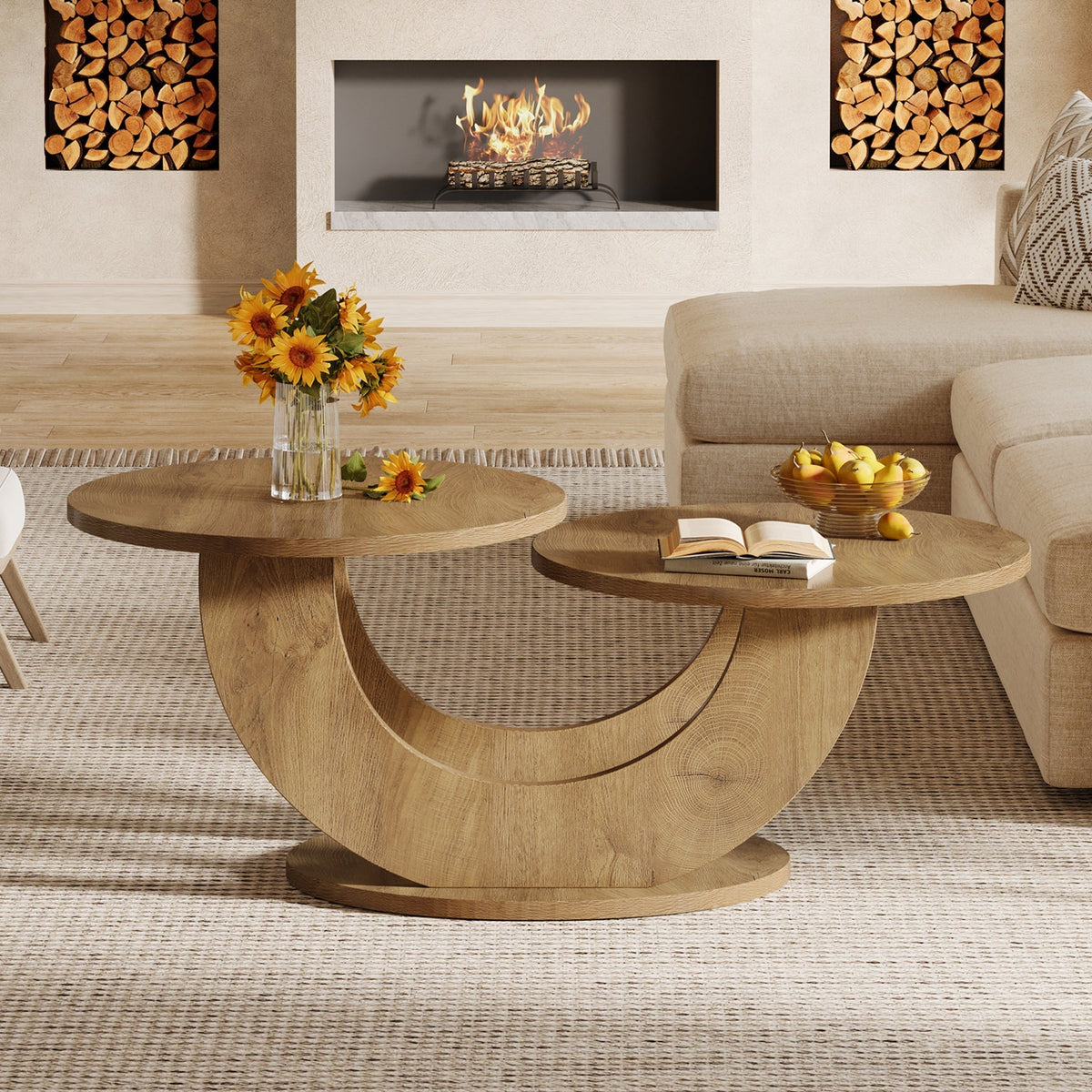 45" Coffee Table, 2-Tier Accent Center Cocktail Table with U-Shaped Frame