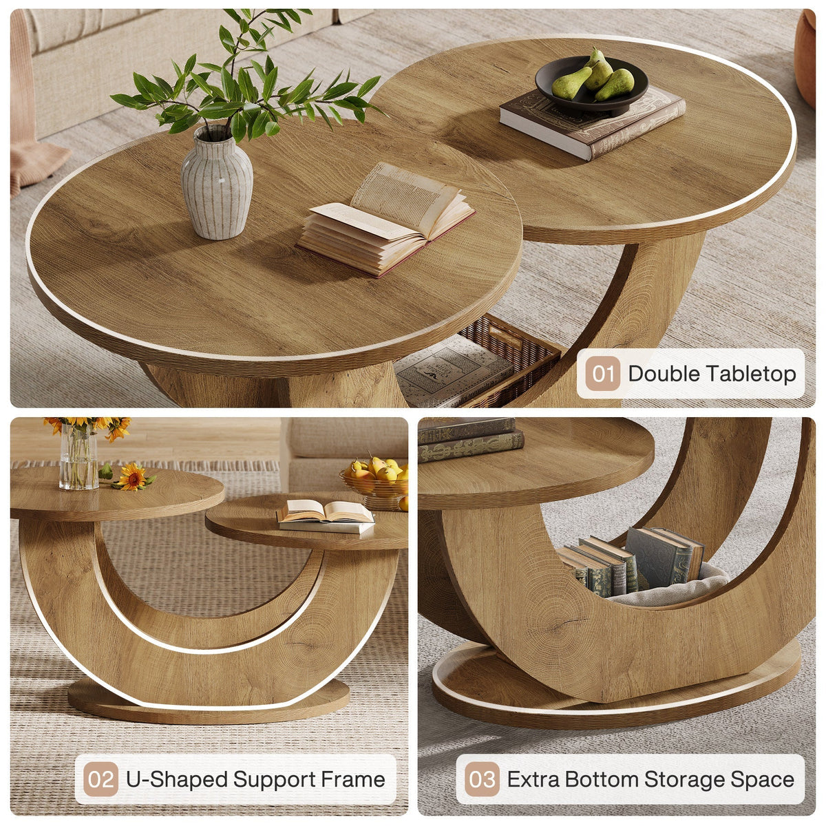 45" Coffee Table, 2-Tier Accent Center Cocktail Table with U-Shaped Frame