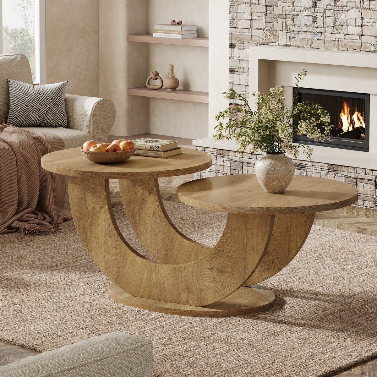 45" Coffee Table, 2-Tier Accent Center Cocktail Table with U-Shaped Frame
