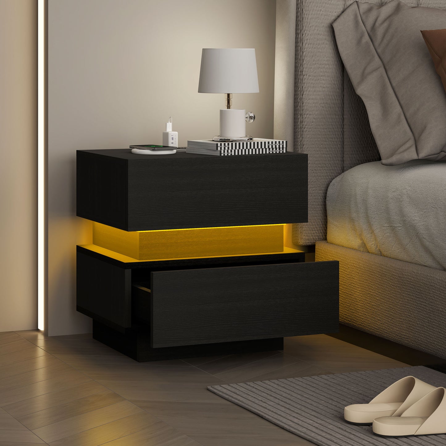 HOMCOM Modern Black Nightstand: LED Light, Charging Station, USB Ports, AC Outlets