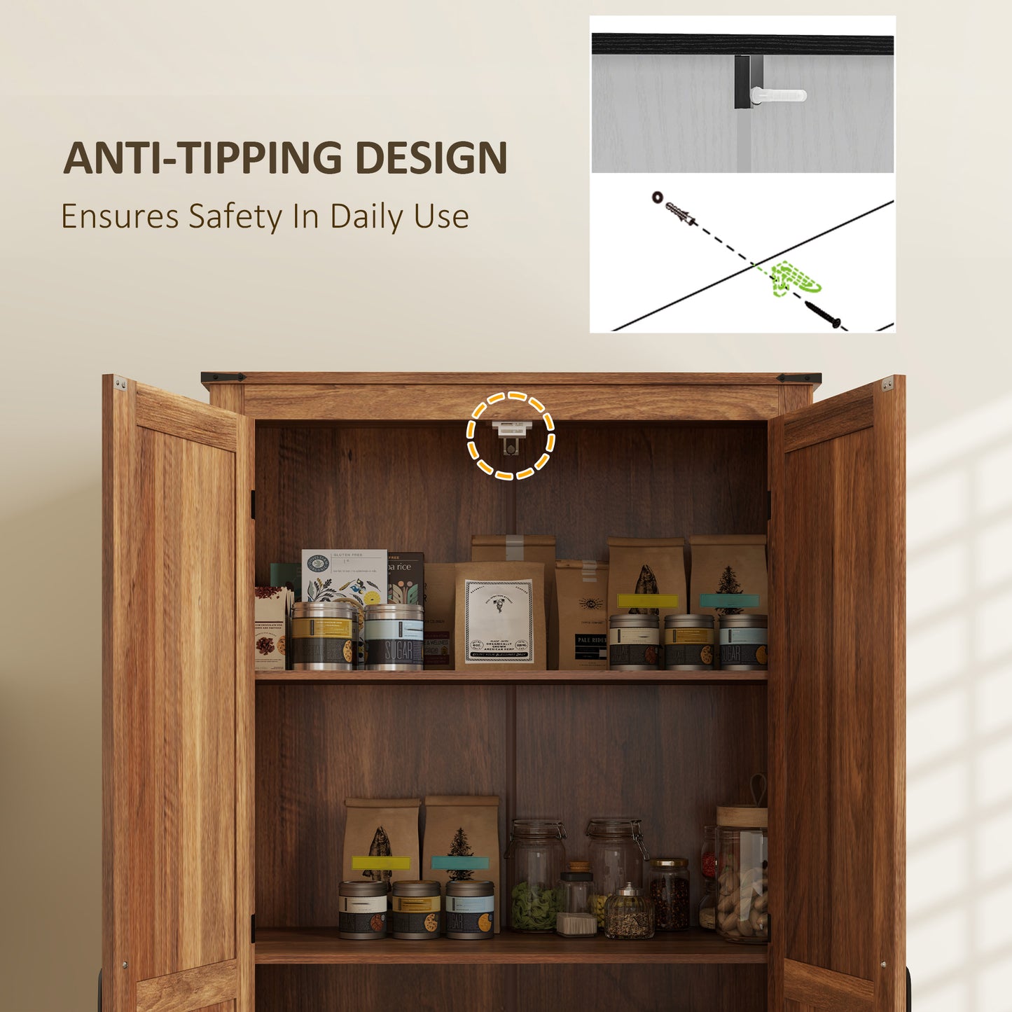 HOMCOM 72" Farmhouse Pantry Cabinet with Adjustable Shelves, Brown