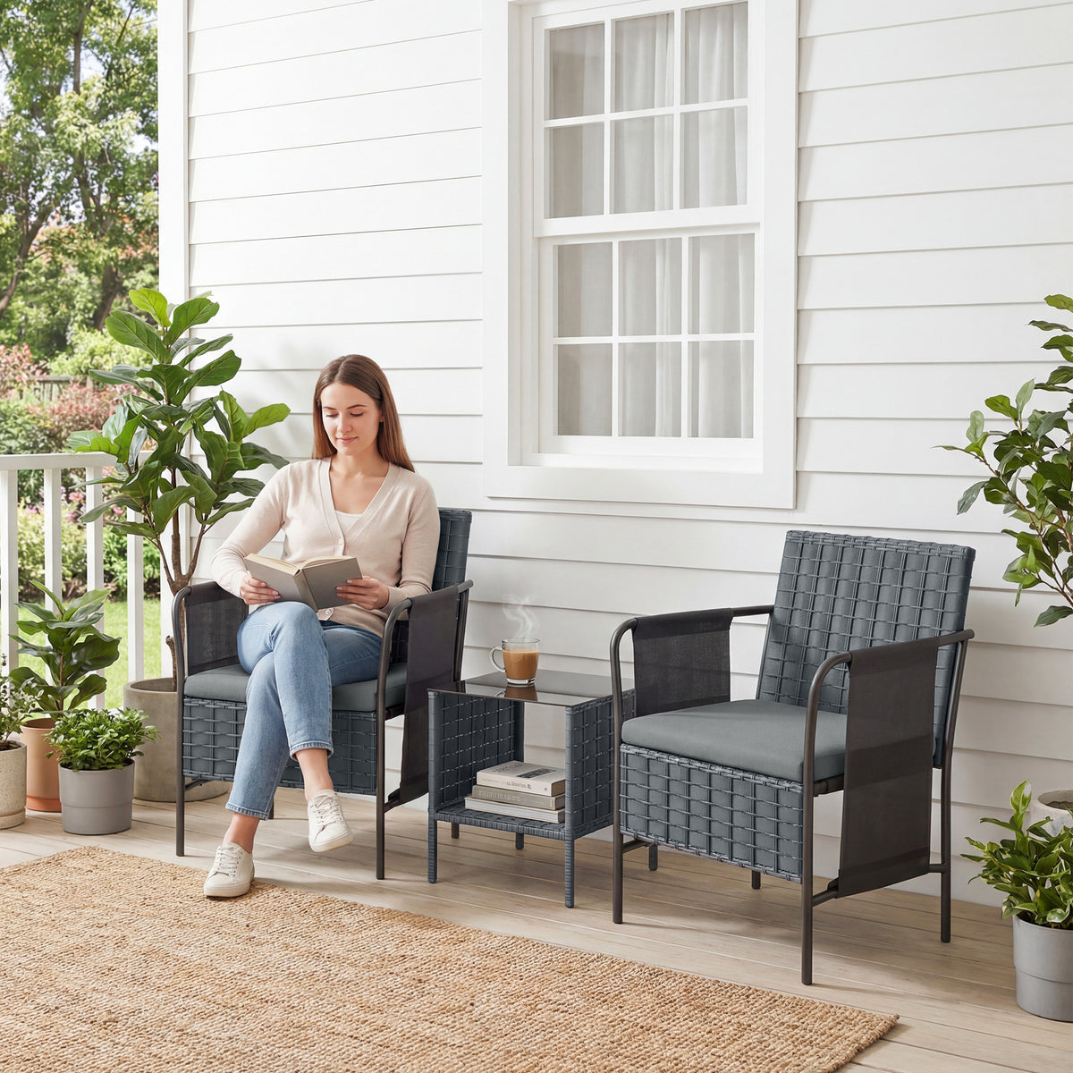 3 Piece Wicker Patio Furniture Set, Outdoor Bistro Set, Side Pockets, Mesh Seat, 2 Tier Glass Table, Cushions – Grey