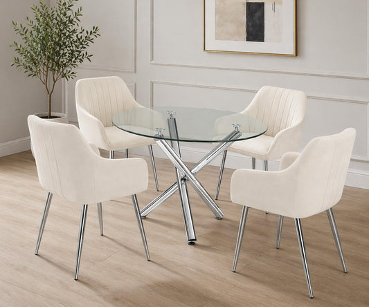 Lilith 5-Piece Dining Set – 39" Round Glass Table, Beige Fabric Chairs