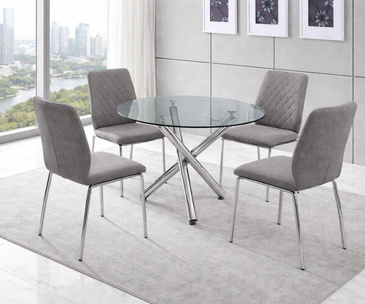 Mara 5-Piece Dining Set – 39" Round Glass Table, Grey Fabric Chairs