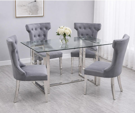 Orica 7-Piece Dining Set – 71" Glass-Top Table, Grey Velvet Chairs