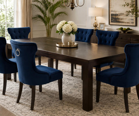 Erica 5-Piece Dining Set – 64–82" Extension Table, Blue Velvet Chairs