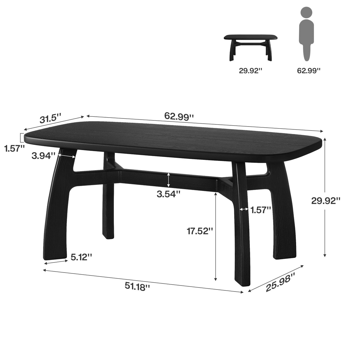 63" Solid Wood Computer Desk, Modern Office Desk with Boat-Shaped Top for Home Office