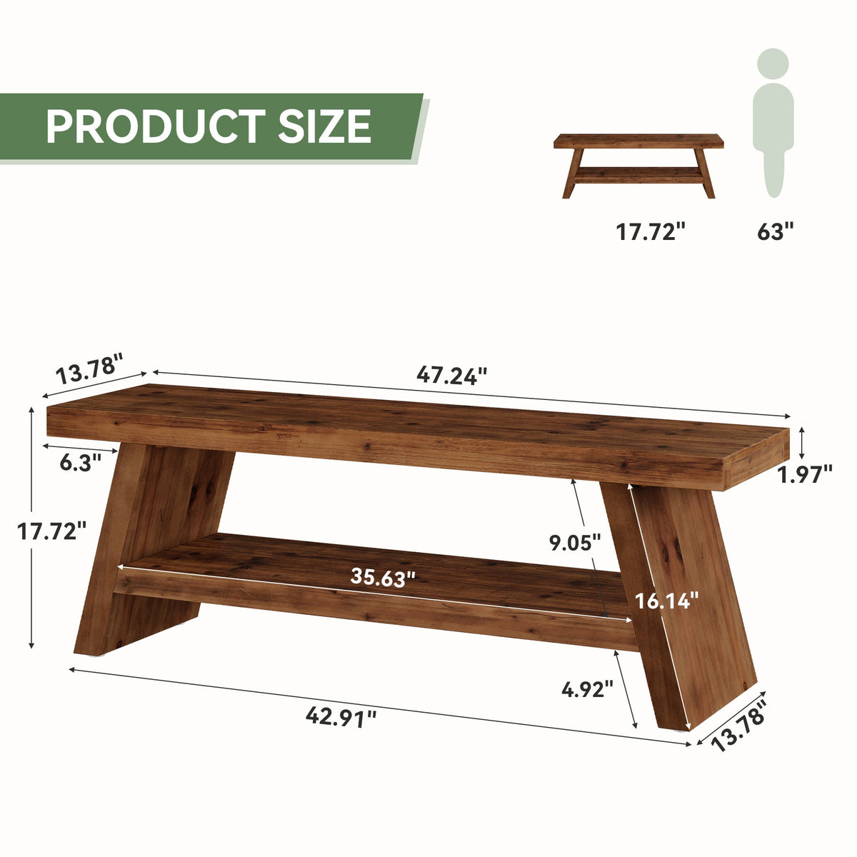 47" Solid Wood Shoe Bench, 2-Tier Entryway Bench with Open Shelves