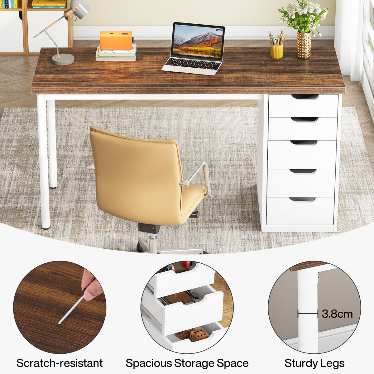 47" Computer Desk with 5 Drawers, Modern Study Table Writing Desk