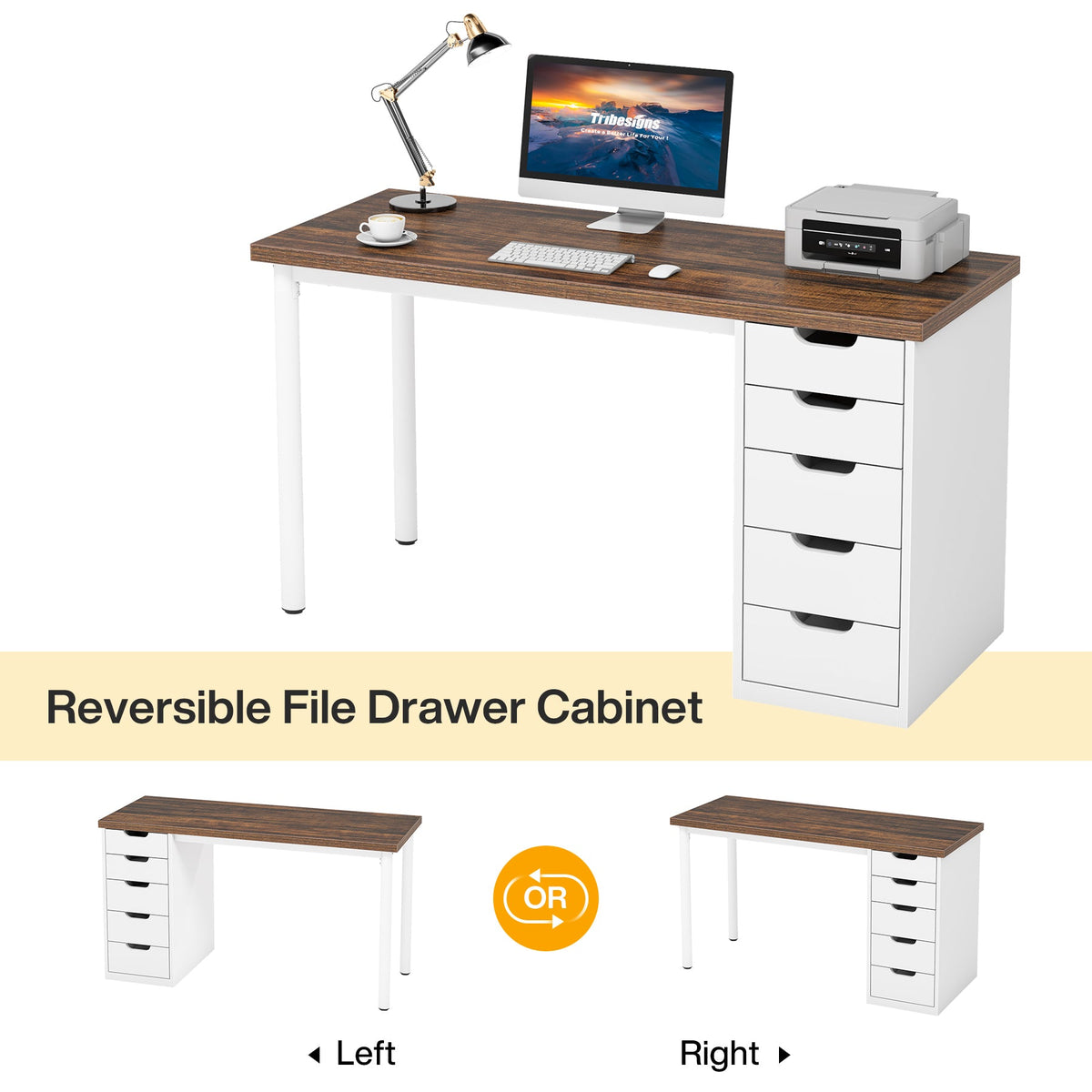 47" Computer Desk with 5 Drawers, Modern Study Table Writing Desk