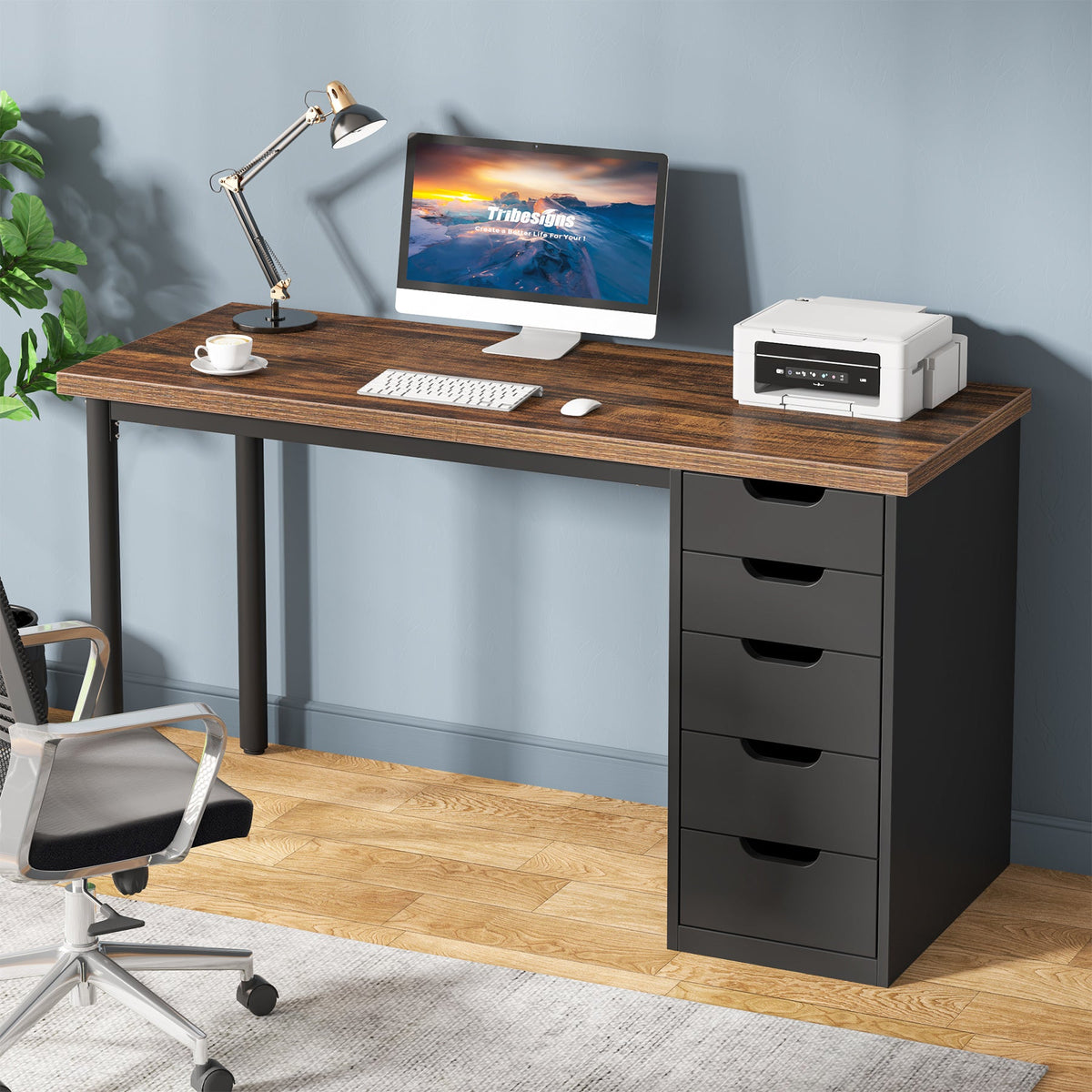 47" Computer Desk with 5 Drawers, Modern Study Table Writing Desk