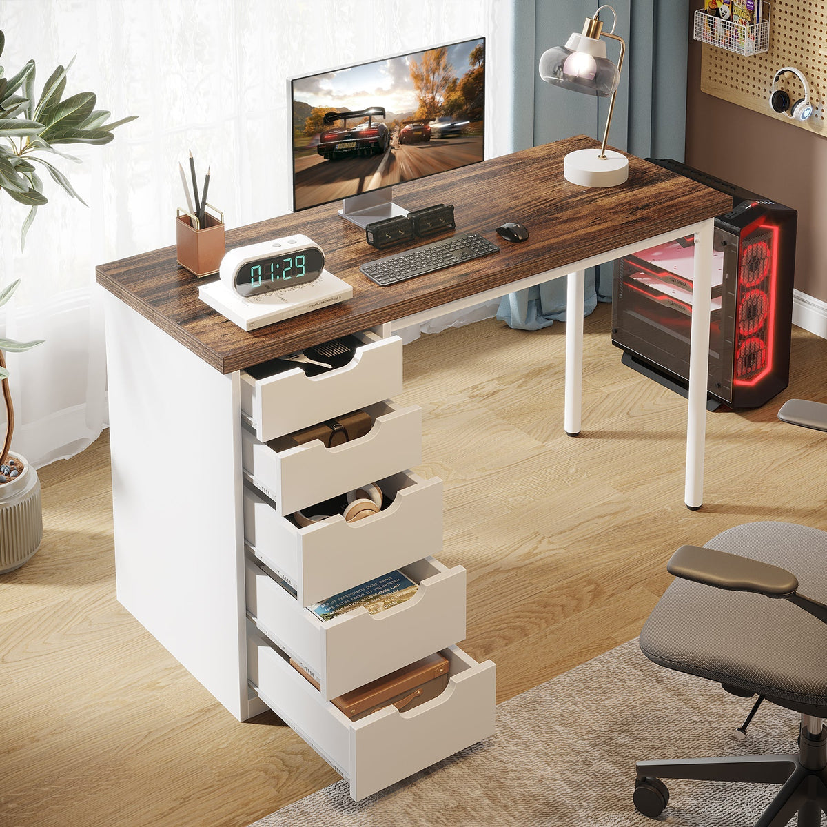 47" Computer Desk with 5 Drawers, Modern Study Table Writing Desk