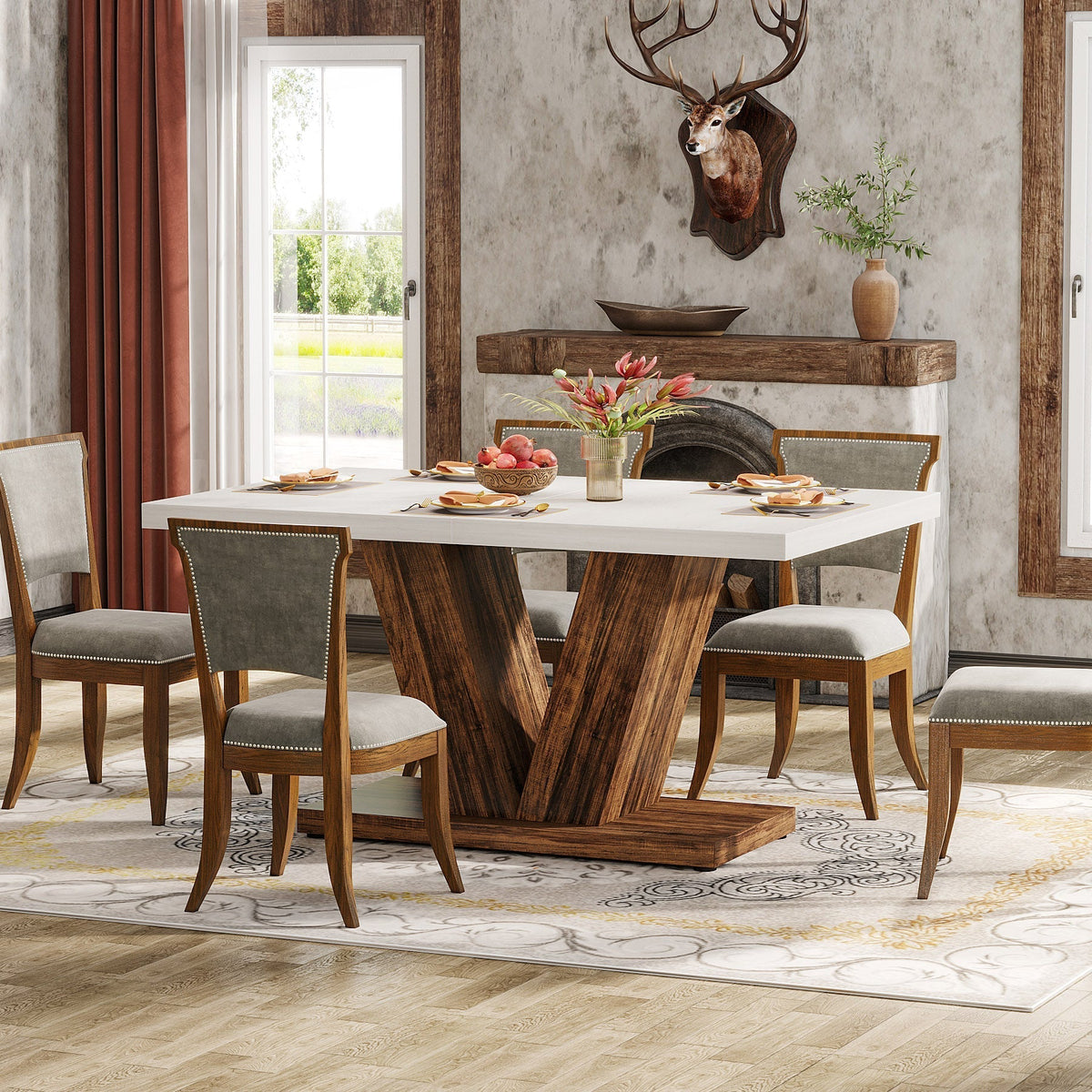 47" Dining Table, Farmhouse Wooden Kitchen Dinner Table with Duty Pedestal