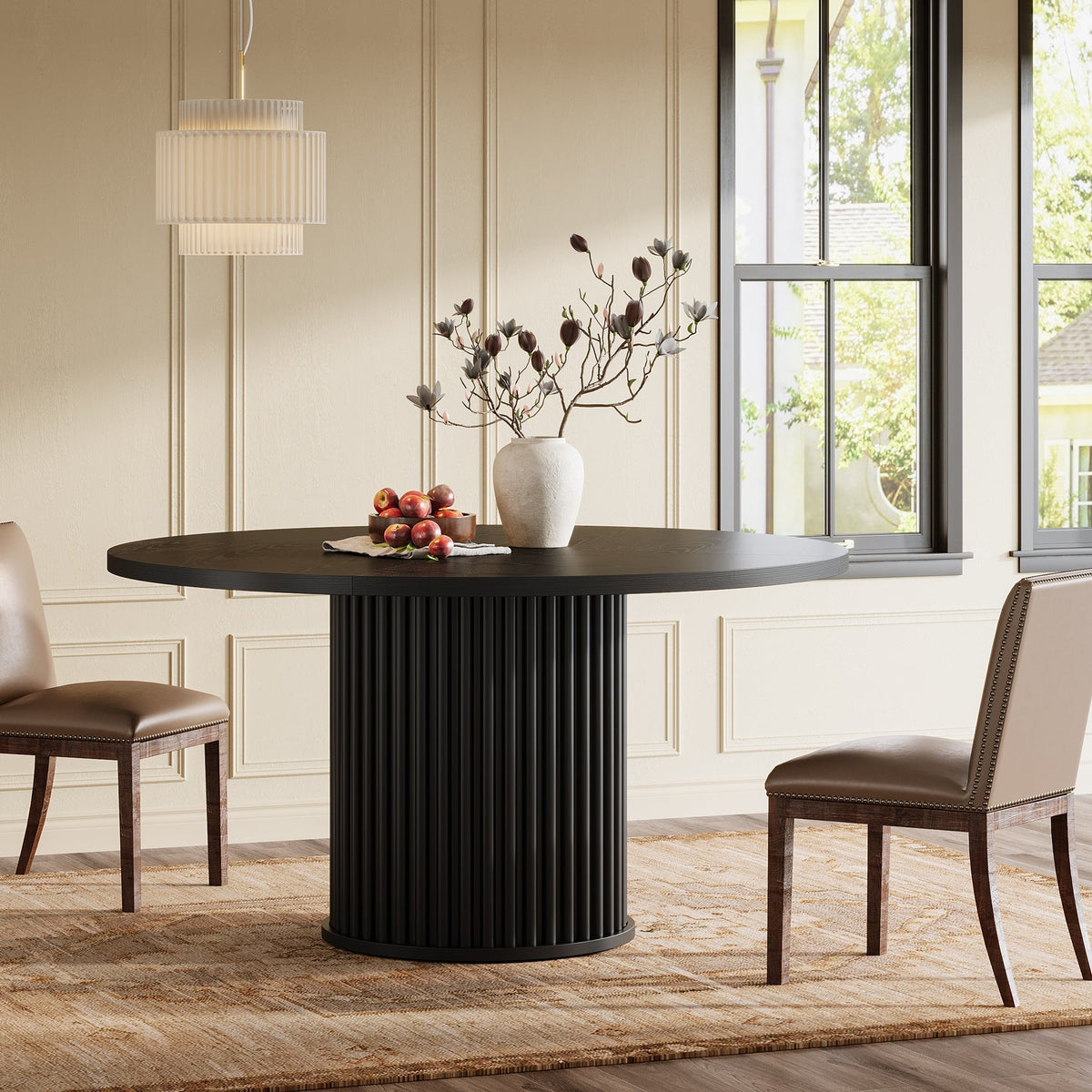 47" Round Dining Table, Wood Kitchen Table With Sturdy Fluted Metal Base