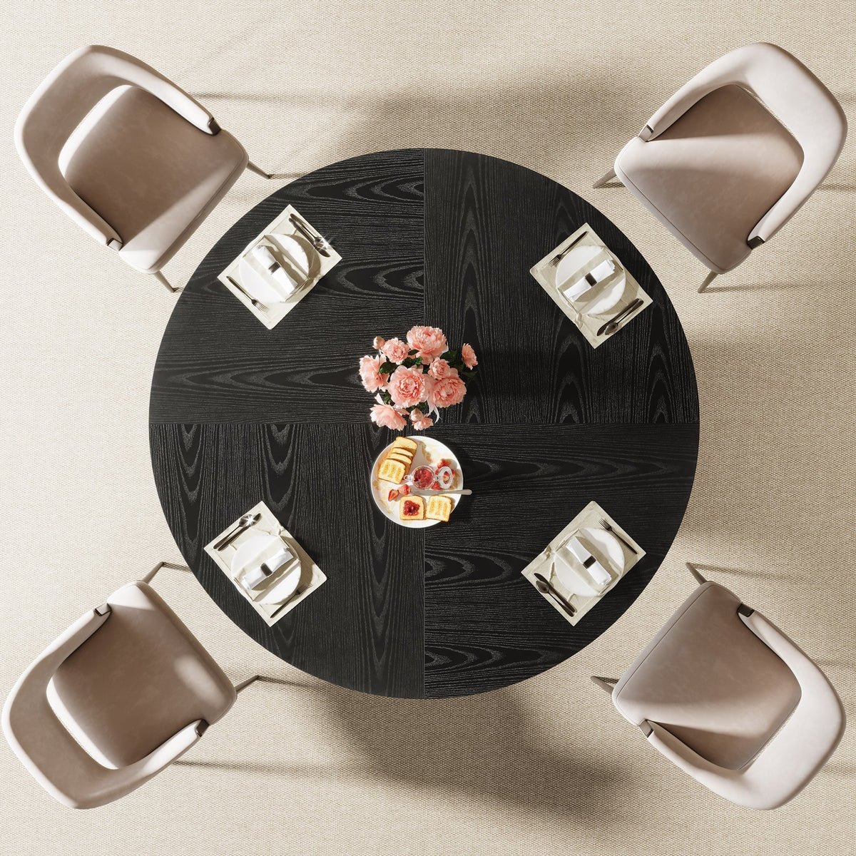 47" Round Dining Table, Wood Kitchen Table With Sturdy Fluted Metal Base