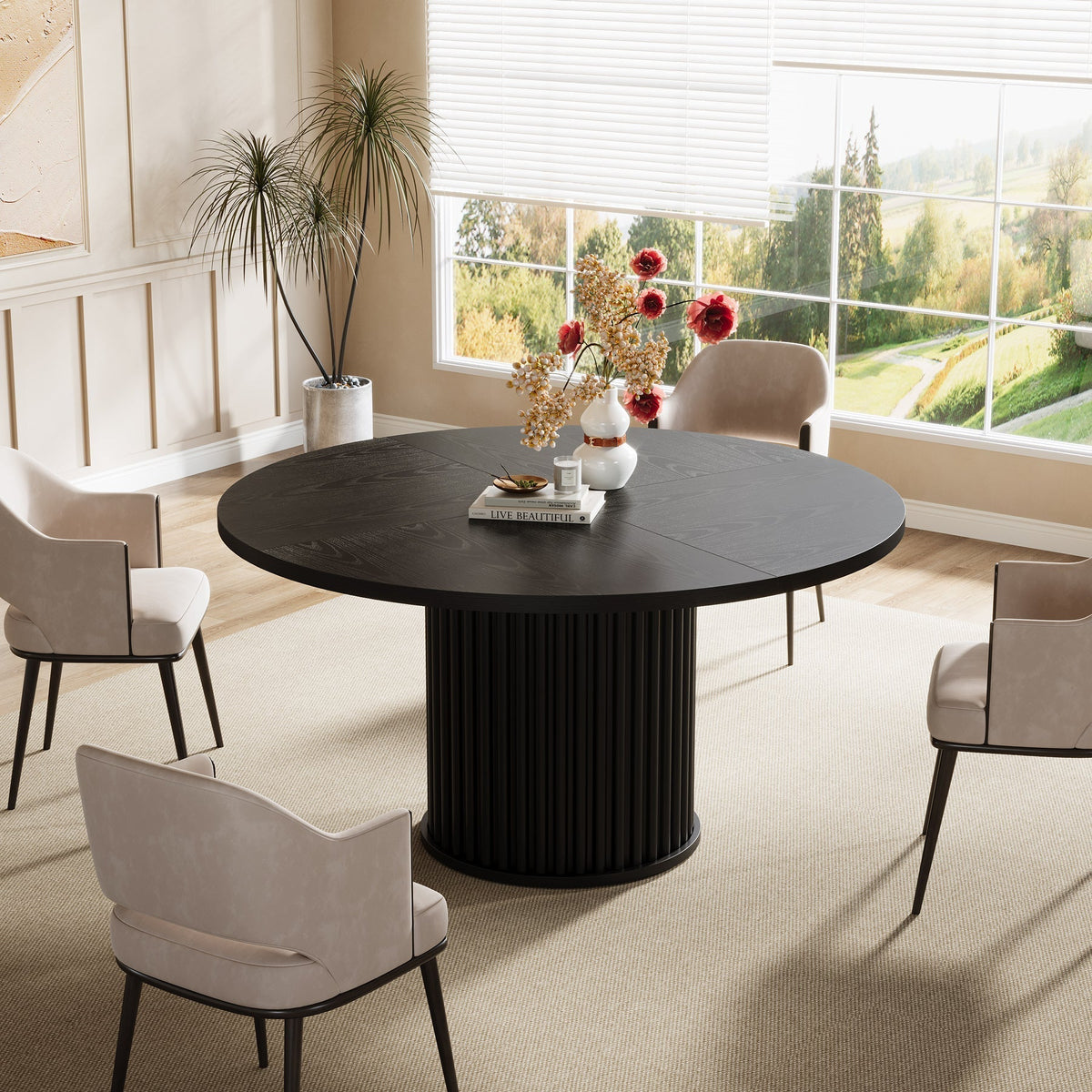 47" Round Dining Table, Wood Kitchen Table With Sturdy Fluted Metal Base