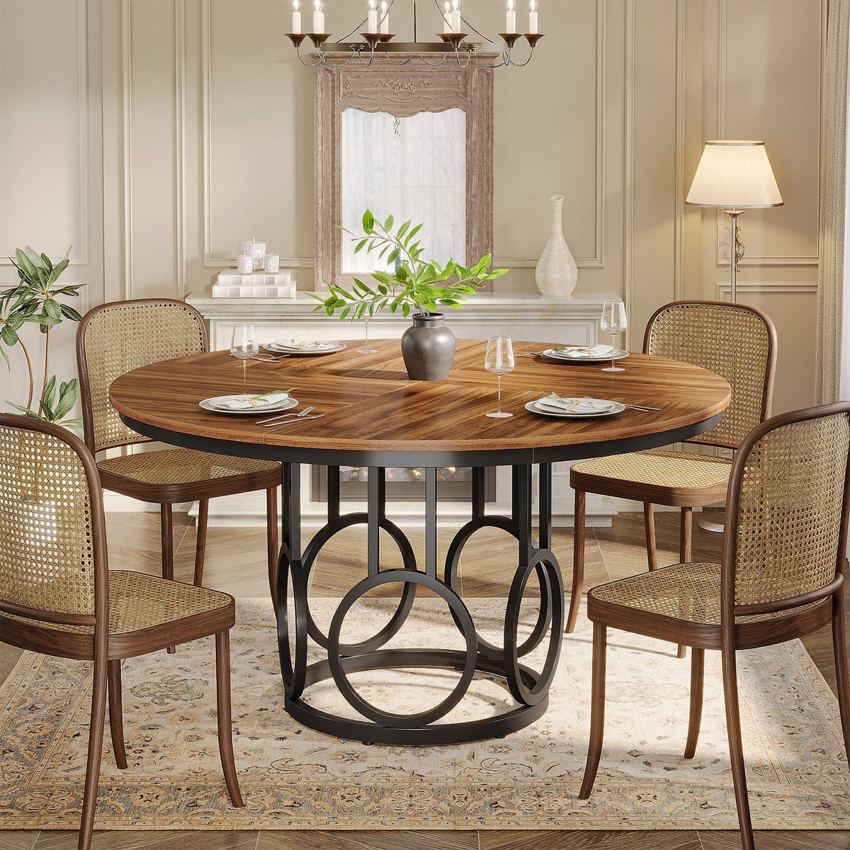 47" Wood Dining Table, Round Kitchen Table for 4-6 People