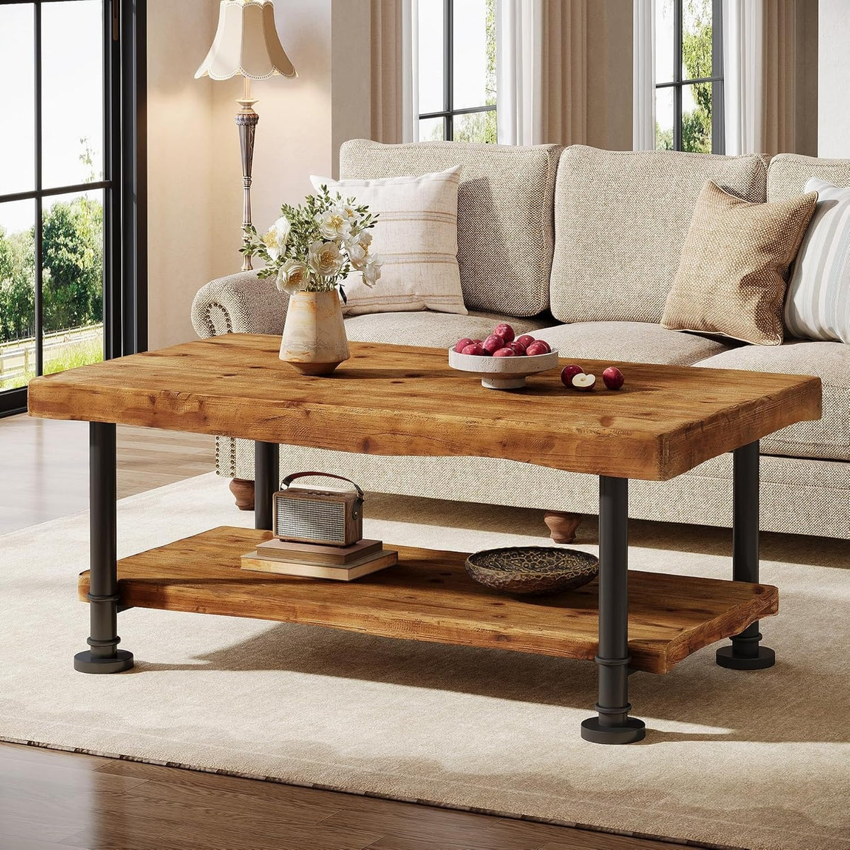 47" Coffee Table, Rectangular Wood Accent Center Table with 2-Tier Shelf
