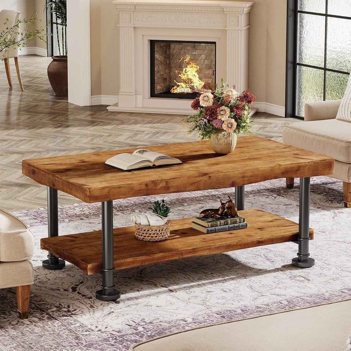 47" Coffee Table, Rectangular Wood Accent Center Table with 2-Tier Shelf