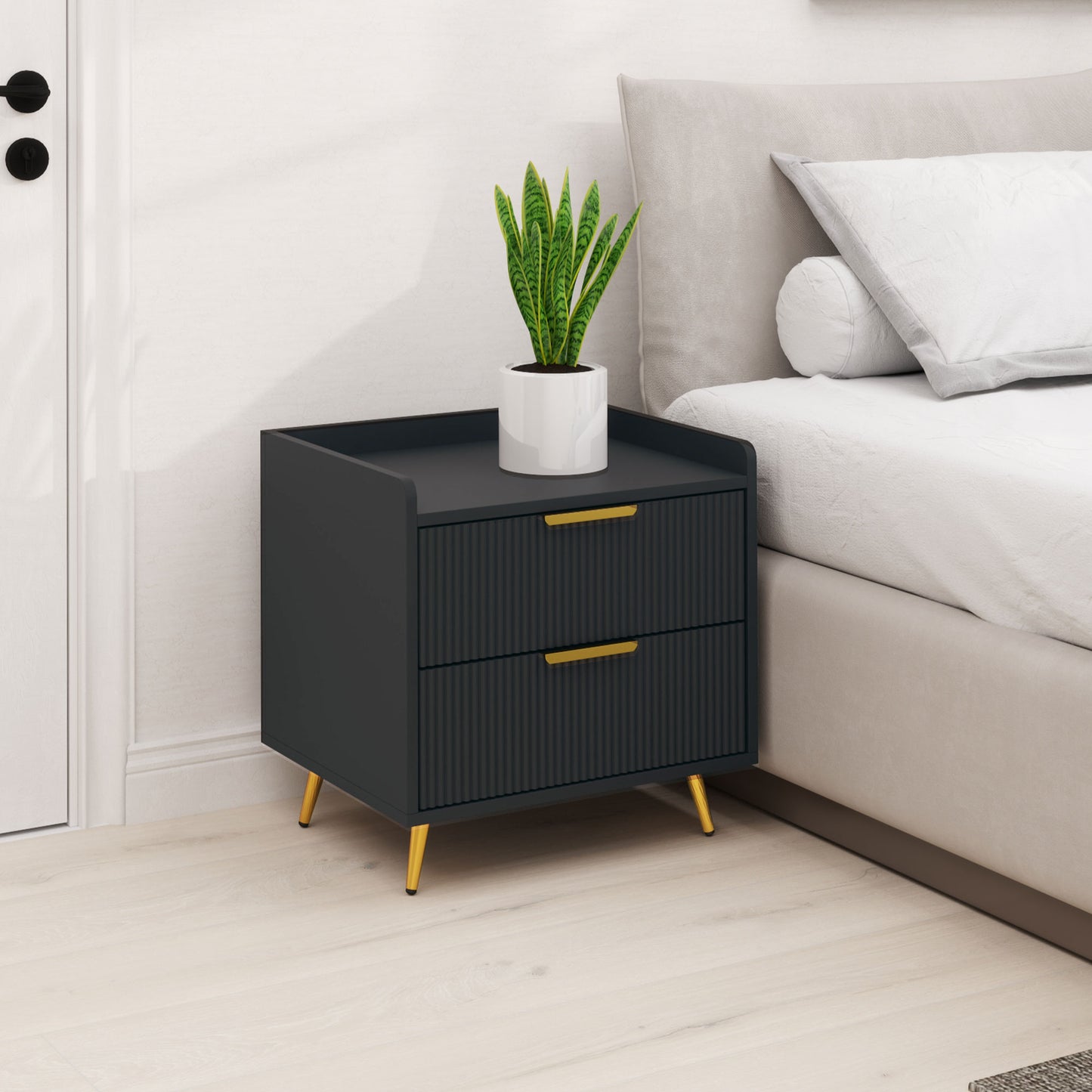 Modern Black Nightstand with Fluted Drawers, Gold Metal Legs, Bedroom Storage