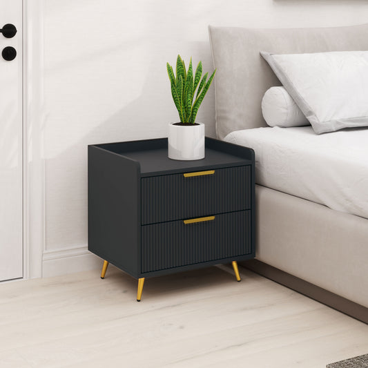 Modern Black Nightstand with Fluted Drawers, Gold Metal Legs, Bedroom Storage