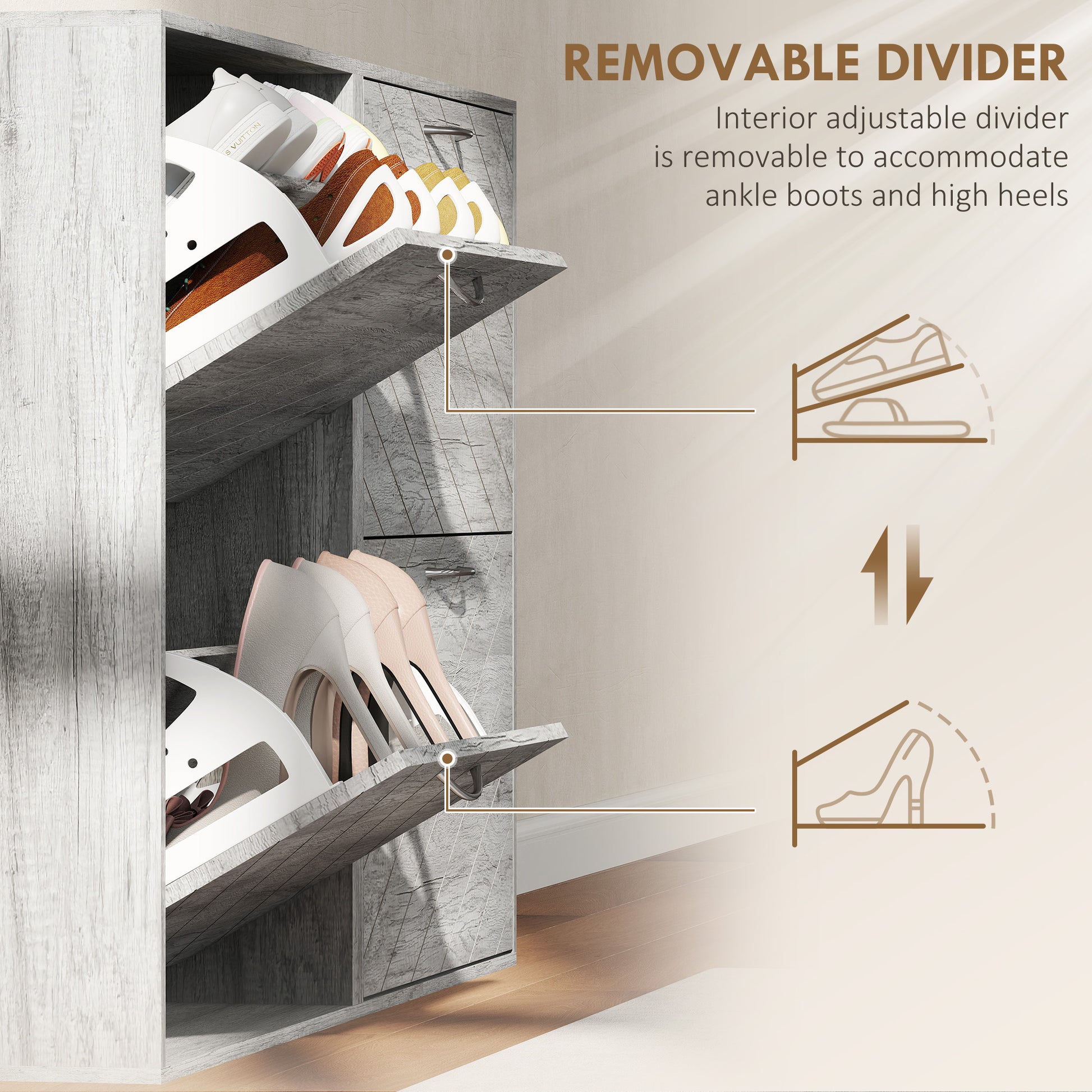 HOMCOM Slim Grey 4-Drawer Flip Shoe Cabinet 12 Pair Entryway Organizer