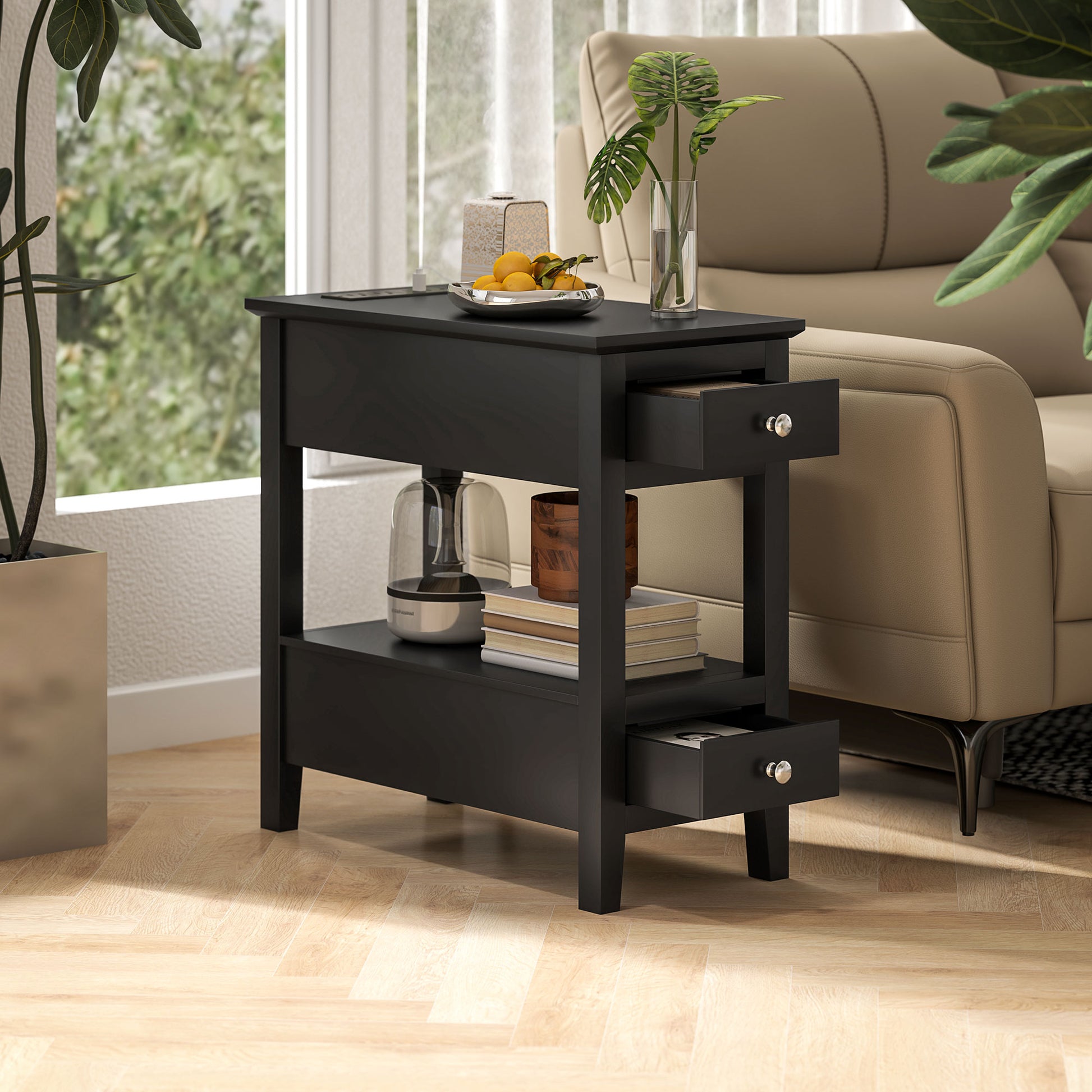 HOMCOM Narrow Side Table: Charging Station, USB, Storage Drawers, Black