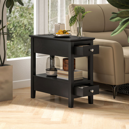 HOMCOM Narrow Side Table: Charging Station, USB, Storage Drawers, Black