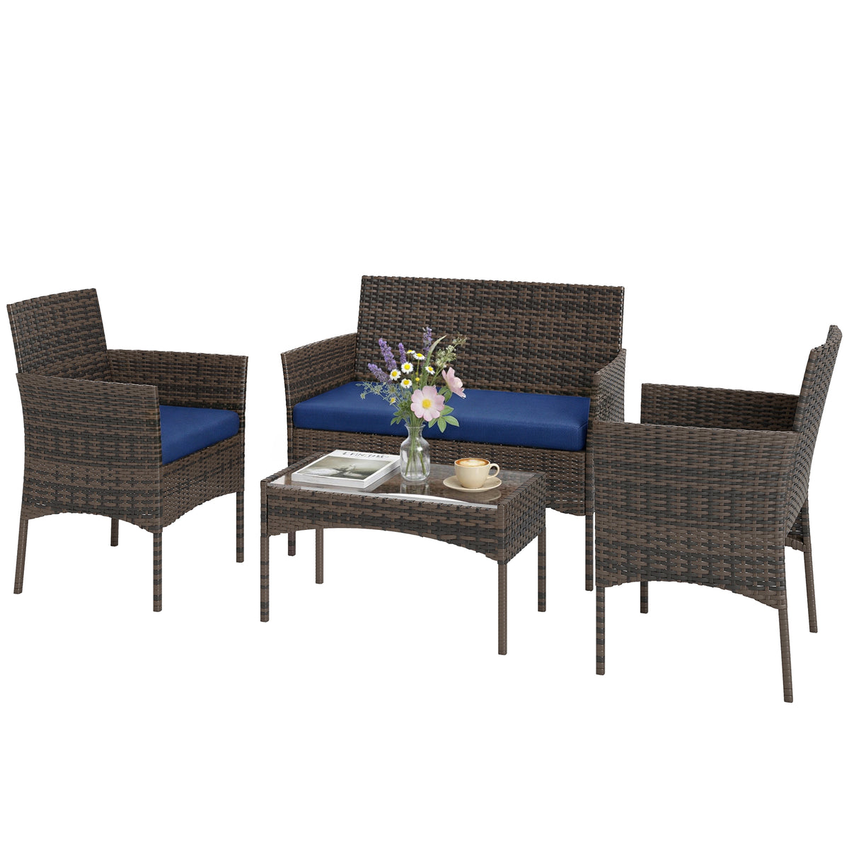 4 Pieces Wicker Outdoor Balcony Furniture Set, Rattan Patio Furniture Set with Loveseat Chairs Glass Coffee Table – Navy Blue