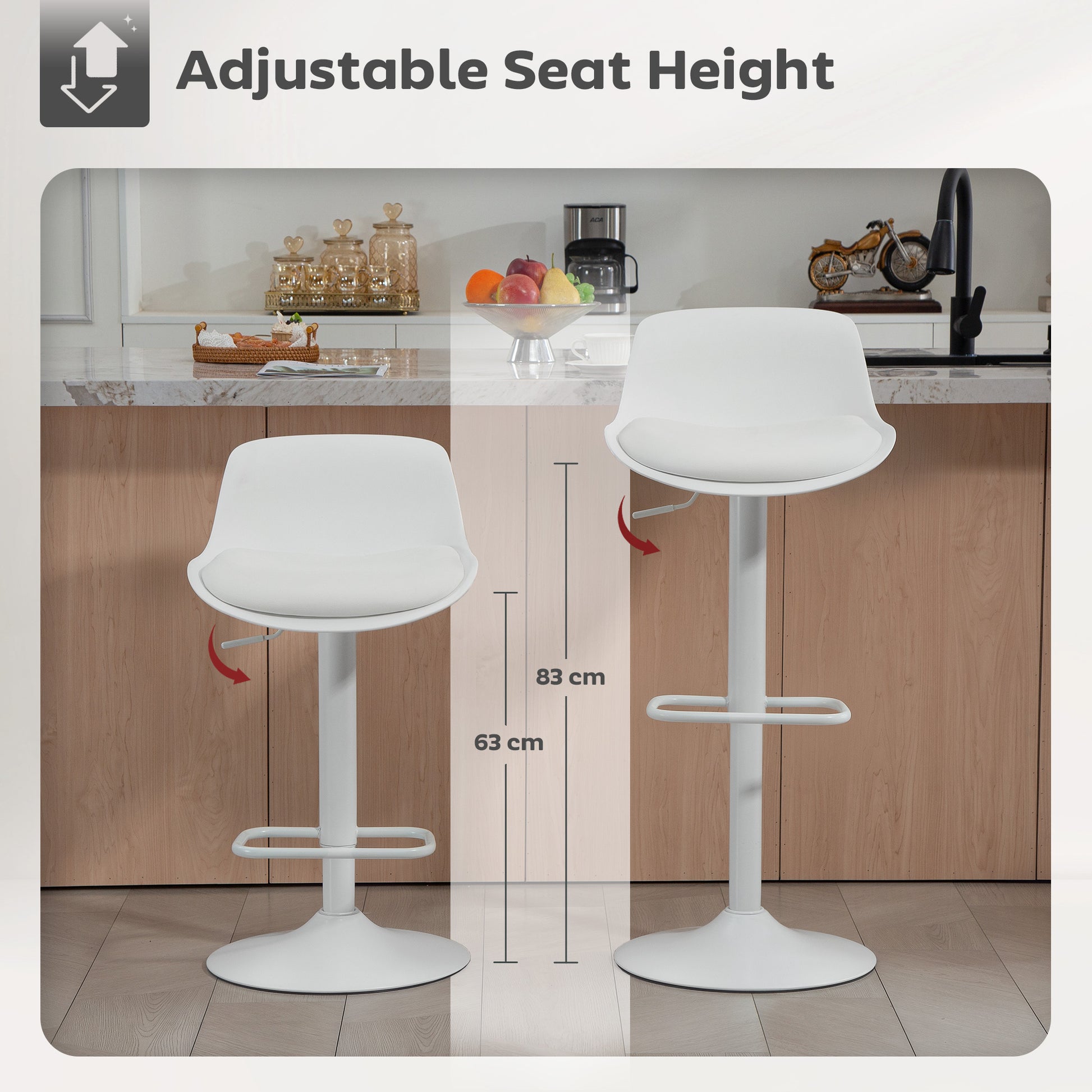 Set of 2 Streamlined Counter Height Bar Stools, Adjustable Swivel PU Leather Seat