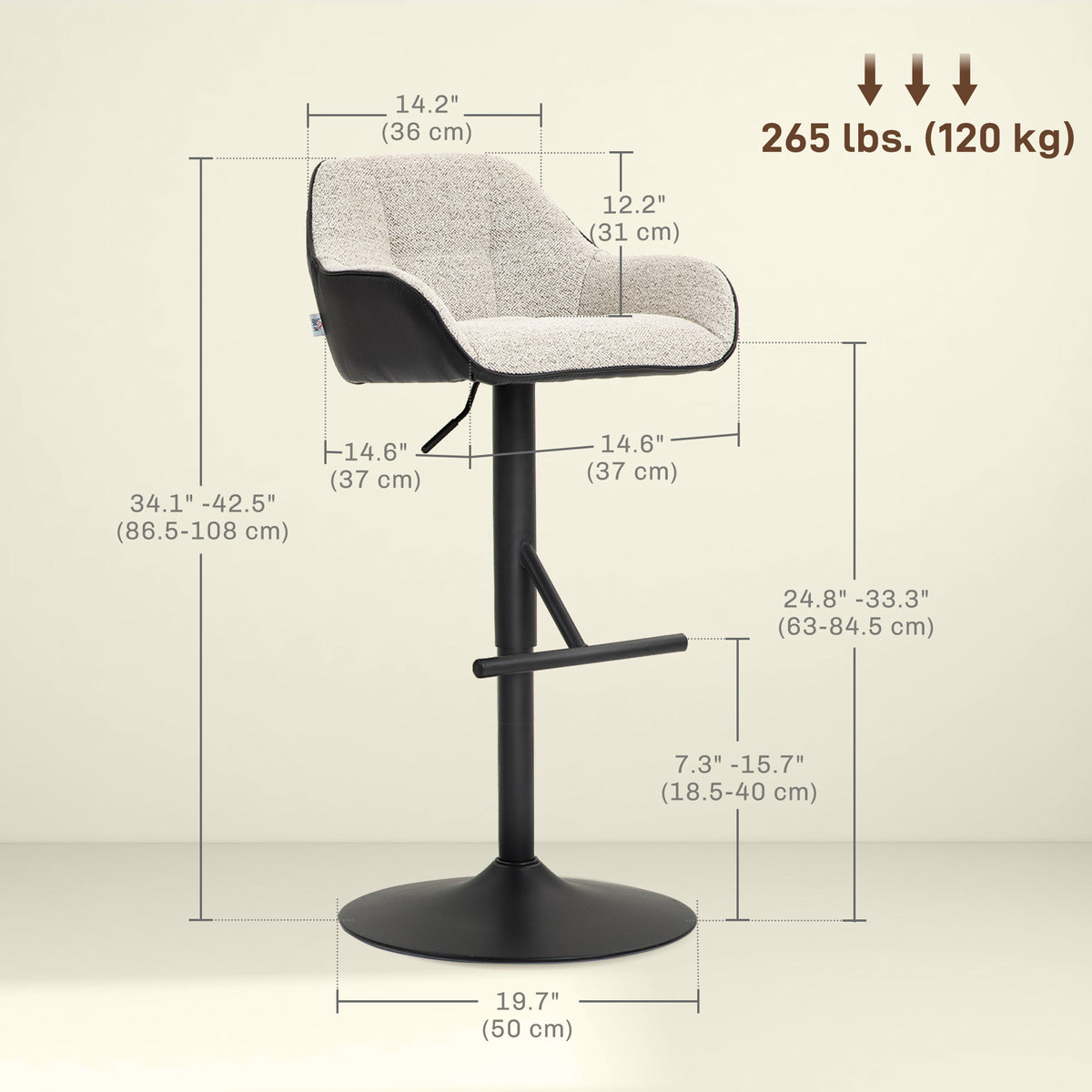 Linen-Look Swivel Bar Stools with Back, Armrests and Footrest, Set of 2