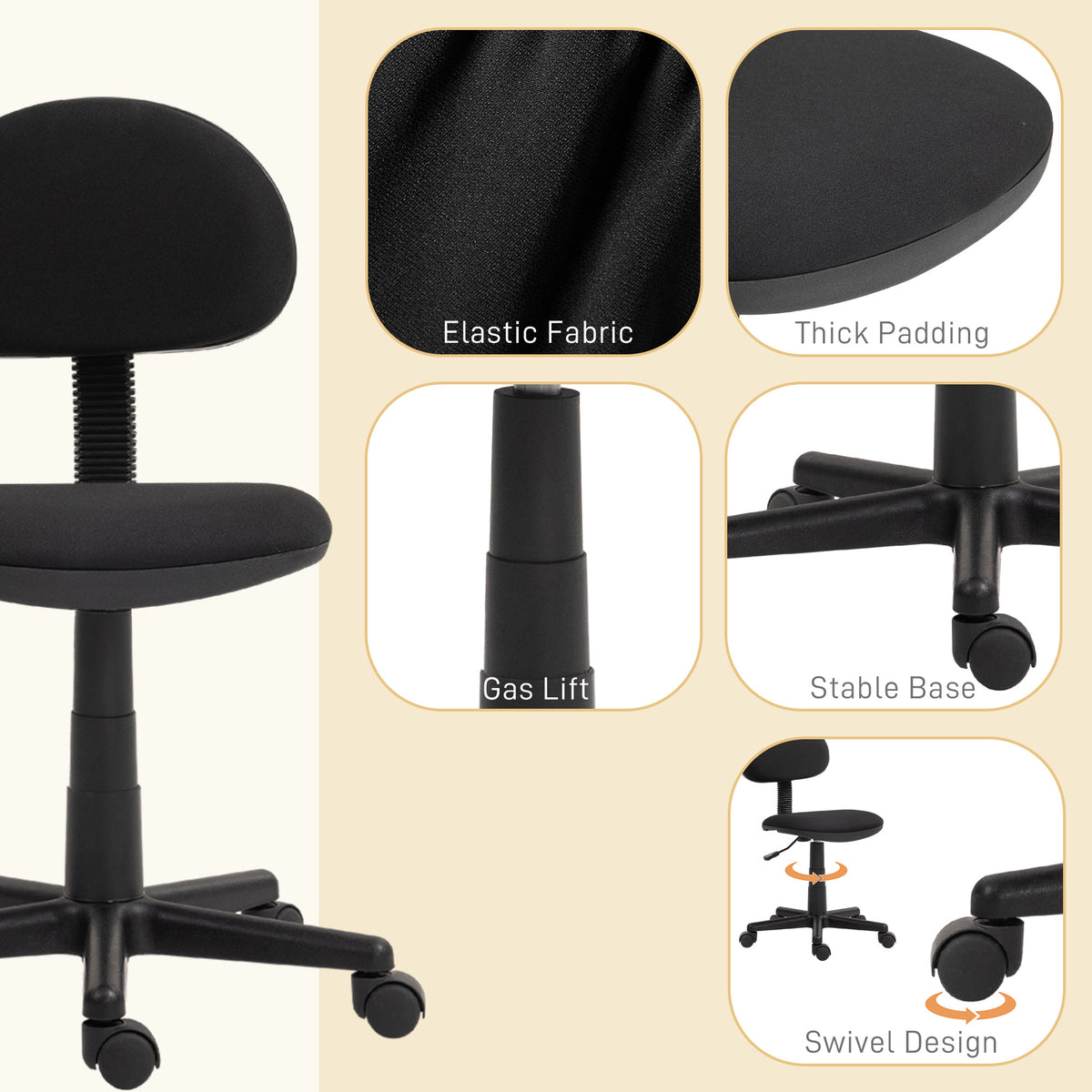 Small Desk Chair, Armless Office Chair with Adjustable Height, 360° Swivel Wheels, Black