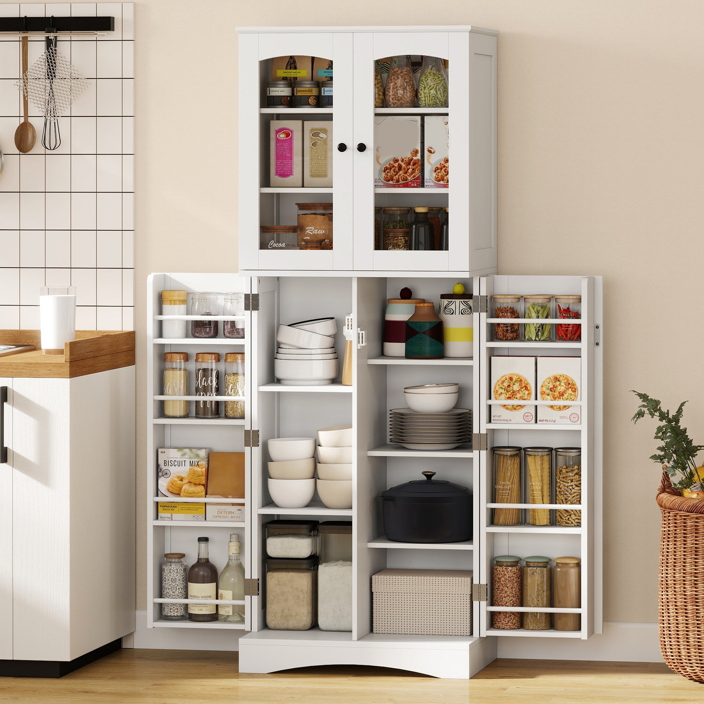 HOMCOM Kitchen Pantry Cabinet Soft‑Close Acrylic Doors, White, 64" Tall