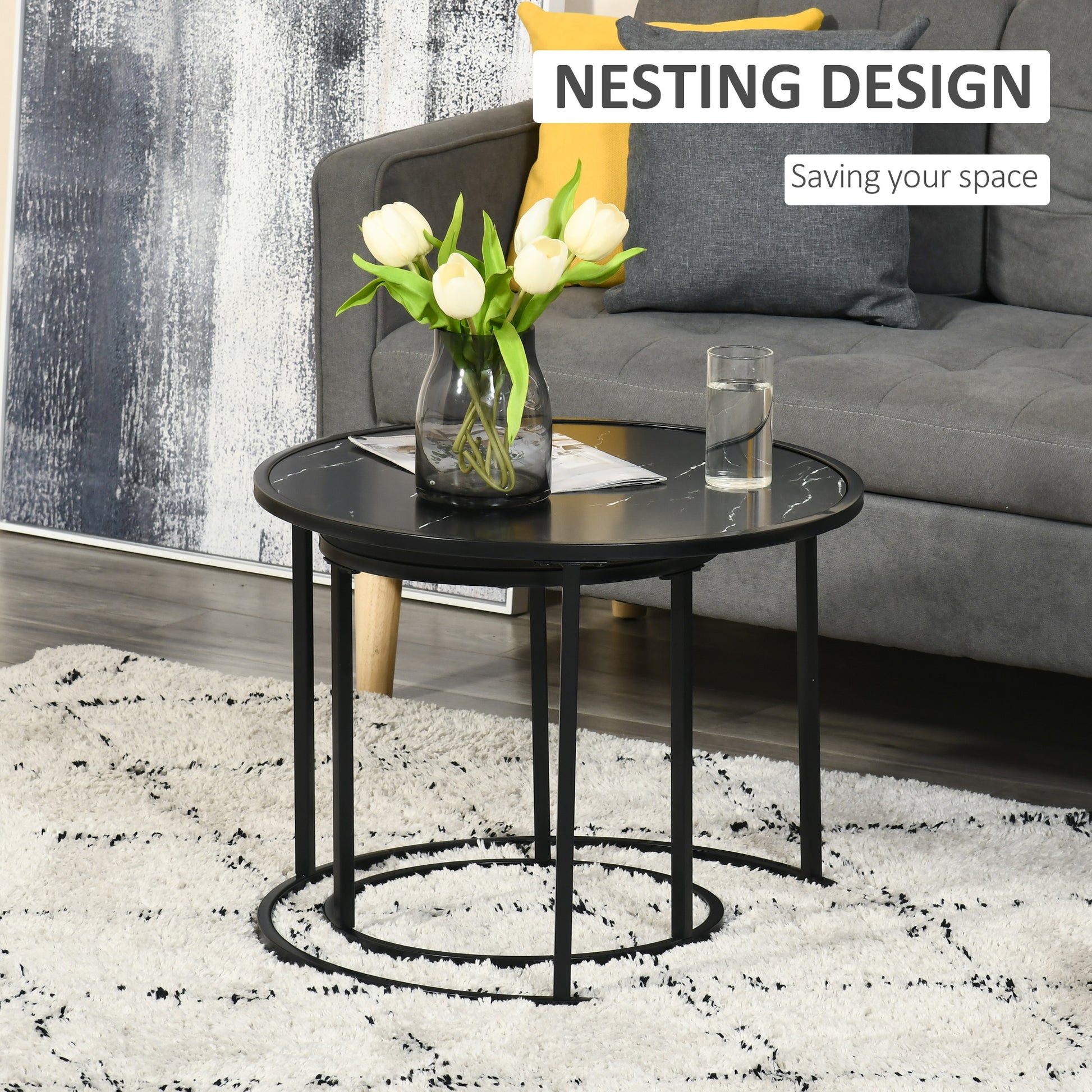 Modern Round Nesting Coffee Table Set, Faux Marble Top, Metal Frame, 2-Piece