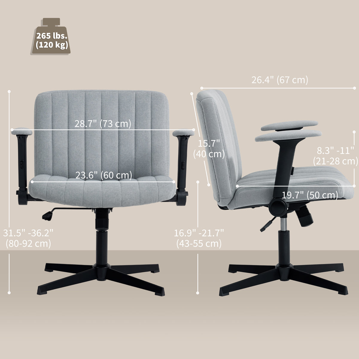 Criss Cross Chair with Flip-up Armrests, Wide Office Chair with Adjustable Height, Grey