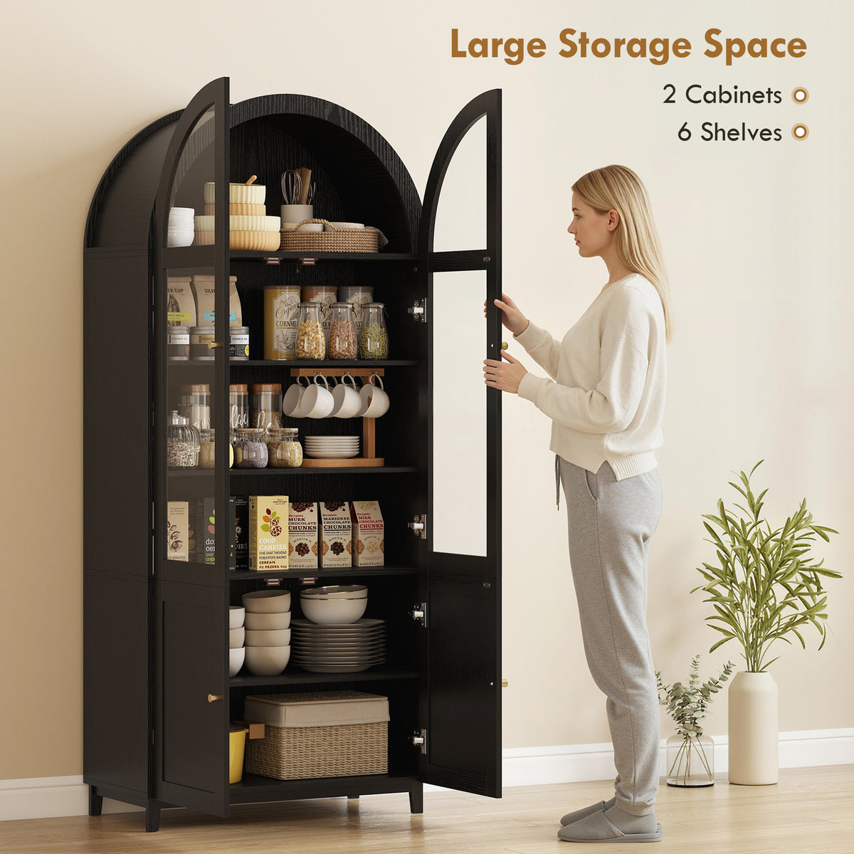 Farmhouse Kitchen Storage Cabinet with Acrylic Glass Doors – 31"W x 71"H